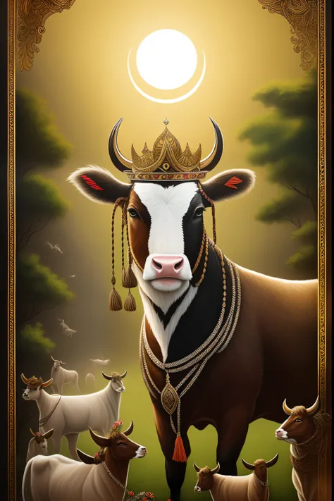 The illustration shows Buzu, an eccentric cow with a fictitious crown on her head, surrounded by her foolish calves and evidence of her antics in the muddy corral. Hienas sinistras observam a cena, enquanto outros animais demonstram incredulidade para com ...