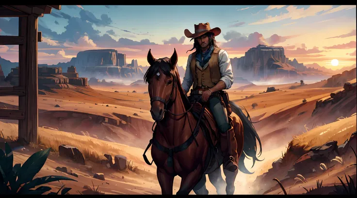 A cowboy who remembers John Marston from the game Red Dead Redemption is riding his horse in a beautiful western setting, Golden Hour, Sunset, Wide angle camera, dynamic composition, intricate details, ultra definition, ultra resolution, masterpiece, Captu...