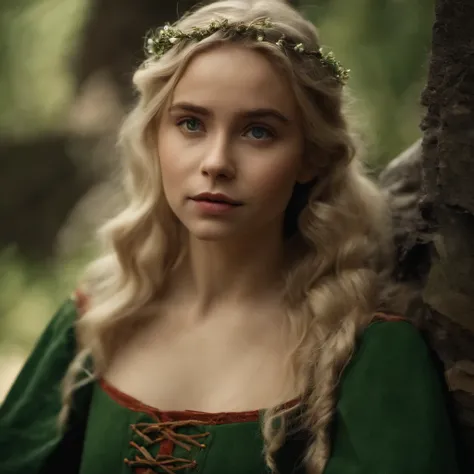 top-quality, ​masterpiece, ultra-detailliert, Girl Like an Elf, 独奏, cute little, Wearing hair ornaments, blonde  hair, Green clothing, Being in a European village, Sad look