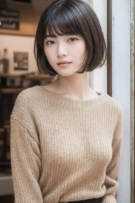 top-quality、​masterpiece、high resolution、1girl in,Solo,Raw photo,Real person, Detailed skin,Japanese,Black hair、bangs with a thin bunch, short-cut, shaggy cut, ,The upper part of the body、cropped knit, coffee shop