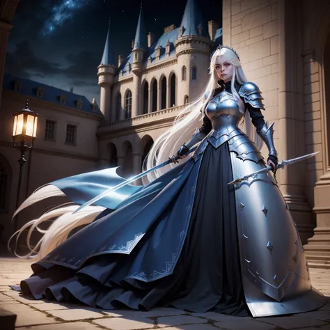 Joan Darc, blue armor, long white hair ,castle at night, Gothic Realistic ,4k holding a sword ,Full body