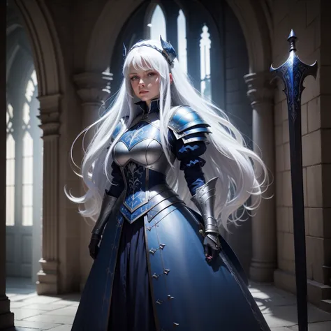 Joan Darc, blue armor, long white hair ,castle at night, Gothic Realistic ,4k holding a sword ,Full body