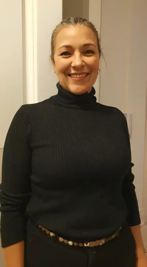 (best quality,4k,8k,highres,masterpiece:1.2),ultra-detailed,realistic:1.37,portrait,smiling woman in a black turtleneck sweater, standing confidently, looking directly at the camera, with a joyful smile on her face. Her eyes are bright and expressive, and ...