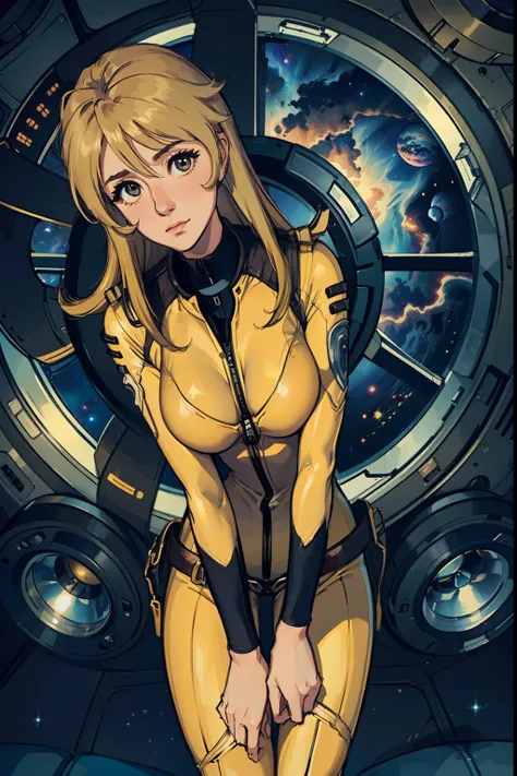 (masterpiece, best quality:1.2), (cowboy shot:1.1), solo, 1girl, mori yuki, slight smile, closed mouth, looking at viewer, blonde hair, thigh gap, (unzipped bodysuit:1.5), (showing her breasts:1.1),  (open bodysuit:1.5), lace bra, leaning forward, yellow b...