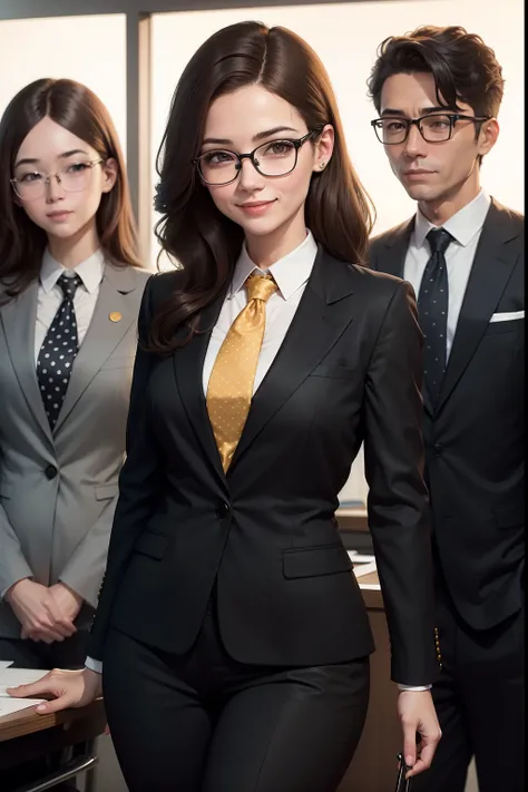 Woman lawyer smiling, brown hair over her shoulder, wearing round black glasses. polka dot, in a black suit and yellow tie and black pants, in his conference room