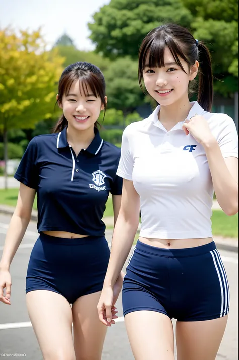 2 girls walking in school park,speedo-style navy blue briefs without logo,white school gym shirt,18-year-old,bangs,a little smiles,thighs,crotch,knees,short cut hair,poneytail,from below