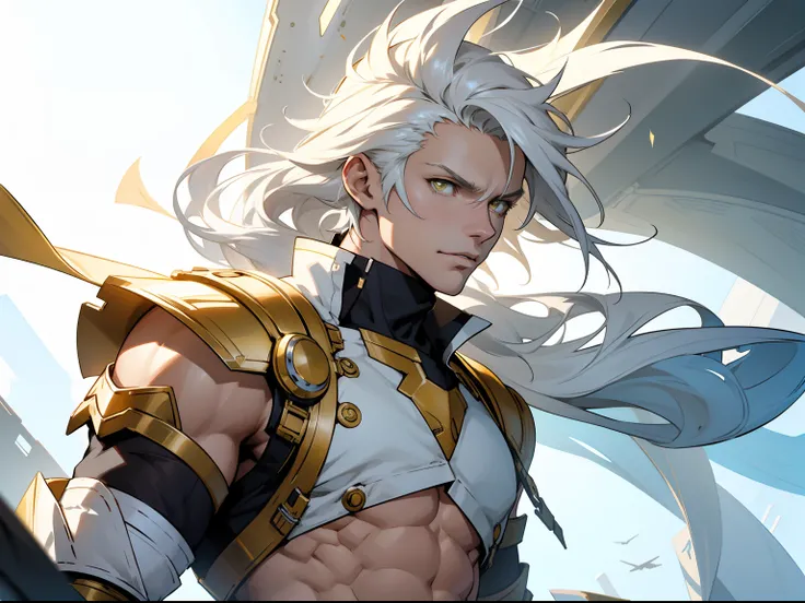 (character design sheet, same character, front, side, back), solo, male, man, yellow airy eyes, skinny build, abs, abstract wind hair, hot, sexy, sleeveless white and golden futuristic armor, anime style