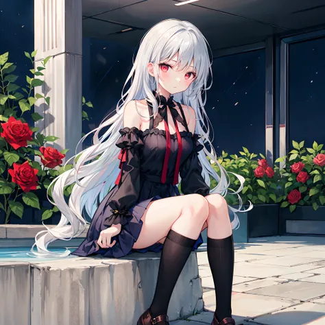 wavy silver hair、red eyes、Beautiful girl alone、Light blue dress、off shoulders、a miniskirt、Black tights、sitting on、rose garden