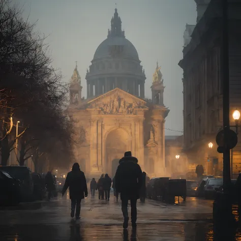 pessoas caminhando por uma rua na chuva com uma catedral ao fundo, directed by: fabien charuau, humor nebuloso, directed by: eug...