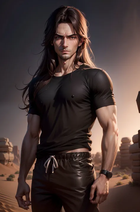 8K realistic image of 23 years old handsome man, long brown hair, brown eyes, dressed in simple black casual shirt, with bandages on arms, angry expression, standing under a desert night sky, anime art style