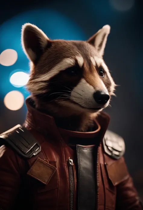 Portrait of the rocket character from the movie Guardians of the Galaxy, expression of happiness