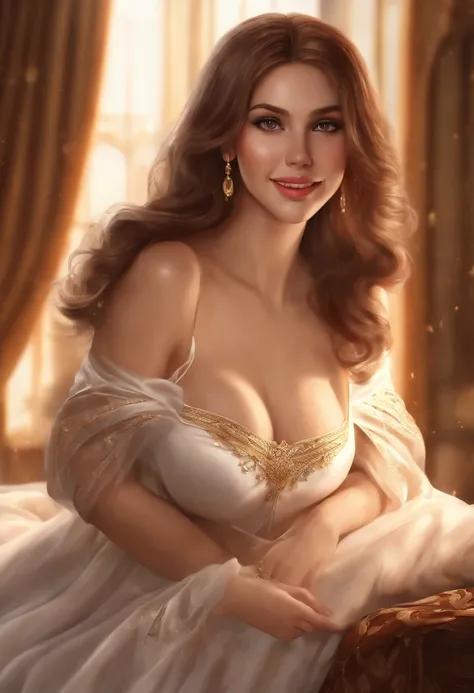 (((Masterpiece))),(CG),best qualityer, illustration,(8K), (Beautiful Meticulous Girl),beautiful detailed glow, illustration, Mature women,full bodyesbian,Solo,Sitting,evening formal robes,Brown hair,covering breasts,Brown eyes,Long hair,hair pin,Large brea...