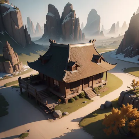 create a 4k HD image of a desolate road, rugged mountains, sparse vegetation (70-year-old Chinese master and his 25-year-old disciple), walking along the road (Images of a humble cottage on the horizon. Master and disciple arrive and are welcomed by the re...