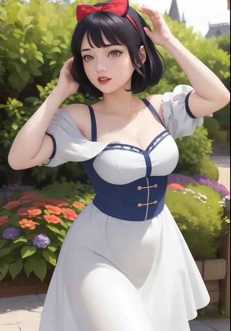 (snow white Waifu:1), surprised, beautiful pose, looking at the viewer, thick thighs, ( dress,Luffy sleeves:1.3), (short curly dark blue hair, Blunt Bangs,red hairband with bow)
(realistic: 1.2), (realism), (masterpiece: 1.2), (best quality), (ultra detail...