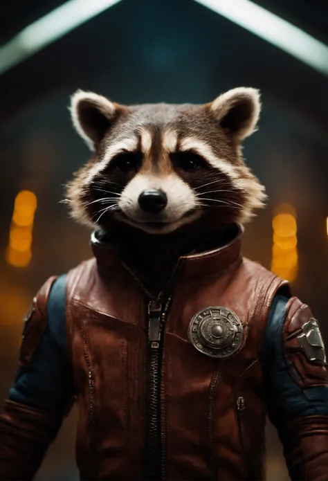 Portrait of the rocket character from the movie Guardians of the Galaxy, expression of happiness