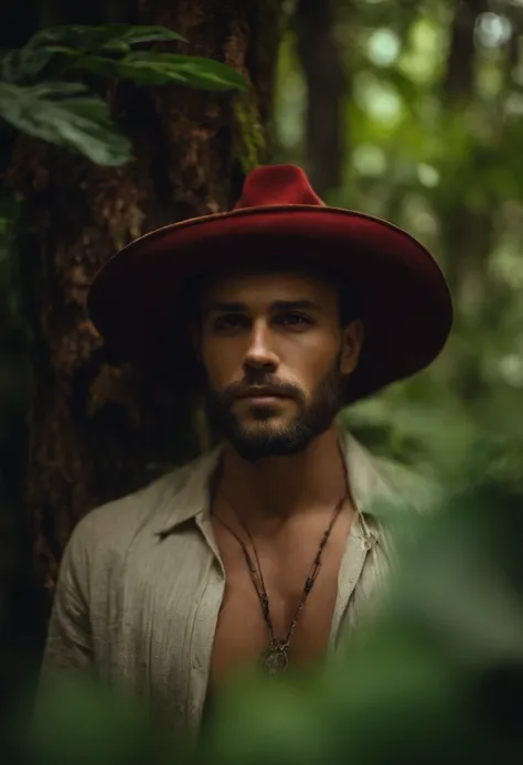 homem novo de chapeu sentado na floresta