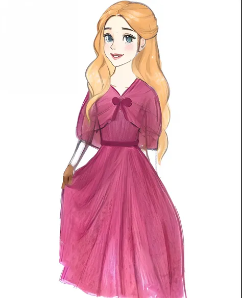 a drawing of a girl in a pink dress with a bow, colorful sketch, inspired by Emma Ríos, No Bowater Art Style, Loira - Princesa Cabelos, Inspirado em Reyna Rochin, desenho colorido, vestido em um vestido roxo, inspirado por Rosalie Emslie, Rapunzel, inspira...