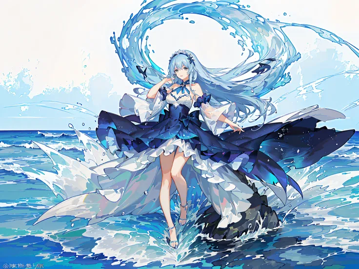 Anime girl in blue dress standing on waves in ocean, wallpaper anime blue water, water elemental, Anime girl walking on water, goddess of the sea, azure waves of water, trending on artstation pixiv, Anime art wallpaper 8 K, style of anime4 K, Digital art o...