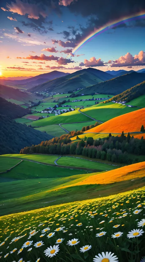 There is a beautiful rainbow，In the background is green mountains and a sea of daisy flowers，There are also scattered farm villages in the mountains，Colorful sky，surreal colors，Colorful sunsets，stunning skies，dream like atmosphere 8k，Colorful flowing cloud...