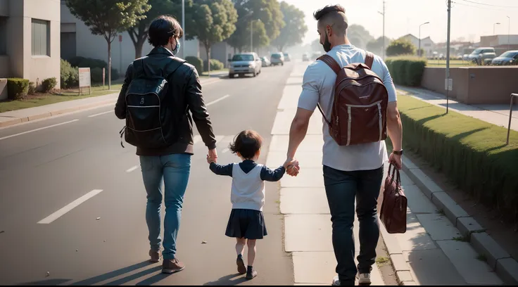 Image of a 2 year old child being led to school by his parents,