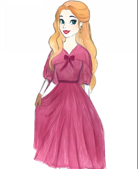 um desenho de uma mulher em um vestido rosa com um gato, inspirado por Rosalie Emslie, Inspirado em Reyna Rochin, estilo de personagem disney, vestido com um vestido rosa, inspirado em Isobelle Ann Dods-Withers, inspired by Emma Ríos, colorful sketch, insp...