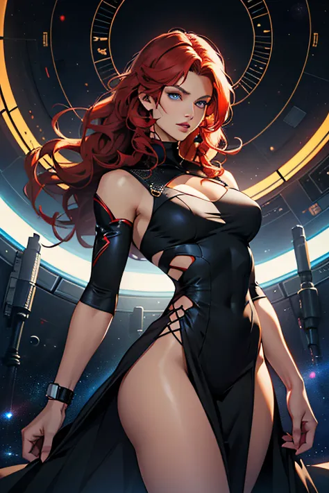 ((FEMALE)) Height 175 cm, the optimal height, red curly hair, ((shoulder-length hair)), blue eyes, ((princess eyes)) beautiful face, ((full lips, high cheekbones and delicate chin)), low-cut black shirt, tight-fitting clothes, female body full of muscles; ...