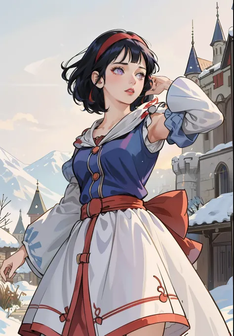 (snow white Waifu:1), surprised, beautiful pose, looking at the viewer, thick thighs, ( dress,Luffy sleeves:1.3), (short curly dark blue hair, Blunt Bangs,red hairband with bow)
(realistic: 1.2), (realism), (masterpiece: 1.2), (best quality), (ultra detail...