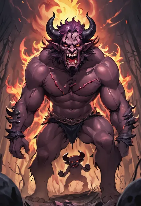 (best quality,4k,8k,highres,masterpiece:1.2),ultra-detailed,(realistic,photorealistic,photo-realistic:1.37),demon with cow pattern on his skin,painted with oil on canvas,fiery red eyes,bull-like horns,sharp teeth,gargantuan muscular build,bloody saliva dri...