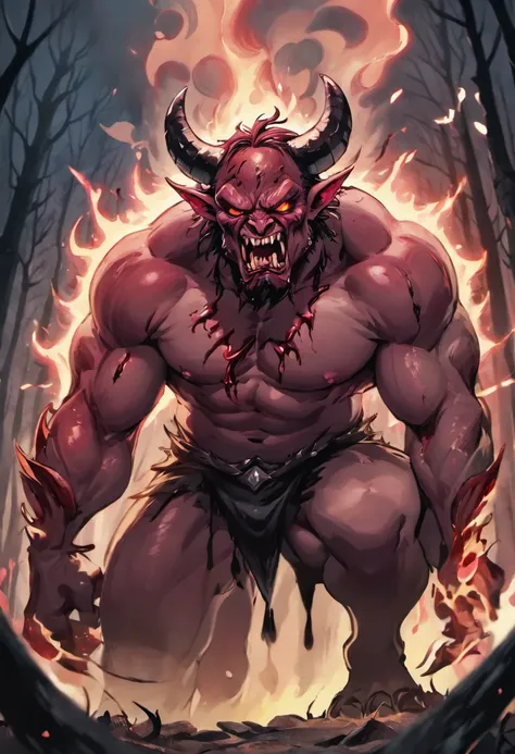 (best quality,4k,8k,highres,masterpiece:1.2),ultra-detailed,(realistic,photorealistic,photo-realistic:1.37),demon with cow pattern on his skin,painted with oil on canvas,fiery red eyes,bull-like horns,sharp teeth,gargantuan muscular build,bloody saliva dri...