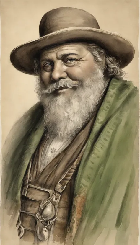 Man standing with physiognomy Obese belly huge chubby belly chubby belly morbid, Hes bearded, idade 65, Hes holding a piece of fishing gear, vara de pesca. hes naked, (((usando apenas sunga verde))), wearing on his head black cap and black T-shirt dress. b...