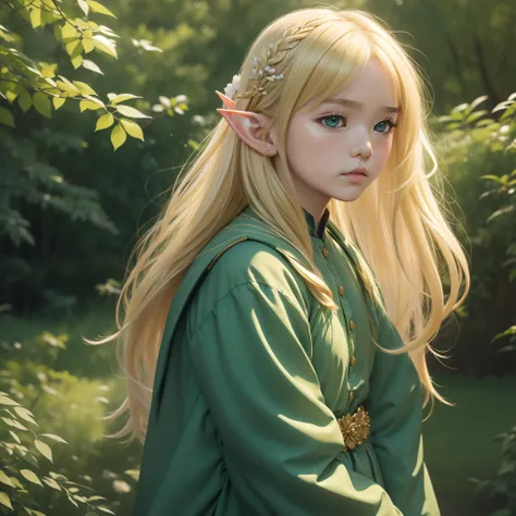 top-quality, ​masterpiece, ultra-detailliert, Girl Like an Elf, 独奏, cute little, Wearing hair ornaments, blonde  hair, Green clothing, Blue sky background, Sad look