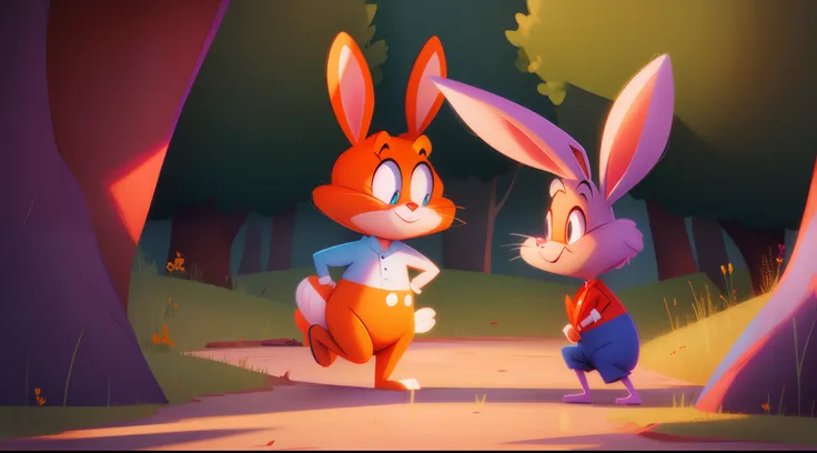 cartoon image, vibrant colors, tommy approached robbie, a worried rabbit. “hey robbie, have you noticed anything strange going o...