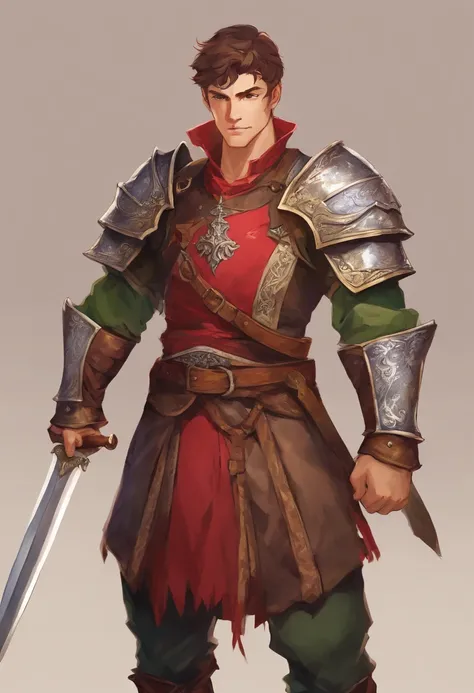 a 20 -year-old man, 1 boy, brown short hair, short hair parted in the middle, bright green eyes, without a beard, without a goatee, no facial hair, silver and red medieval knight armor, red clothes, highly detailed, A high resolution， Sharp focus, ultra de...