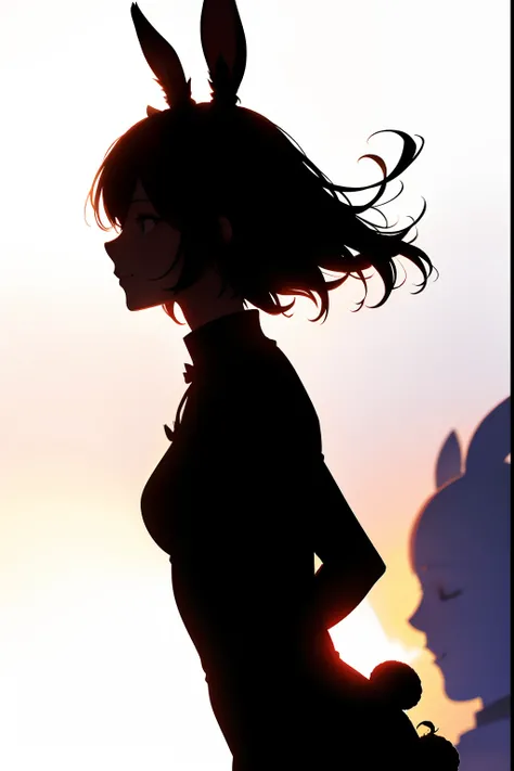 A girl around 20 years old, bob hair, rabbit ears ,(complete silhouette:1.6), light smile, profile, white background