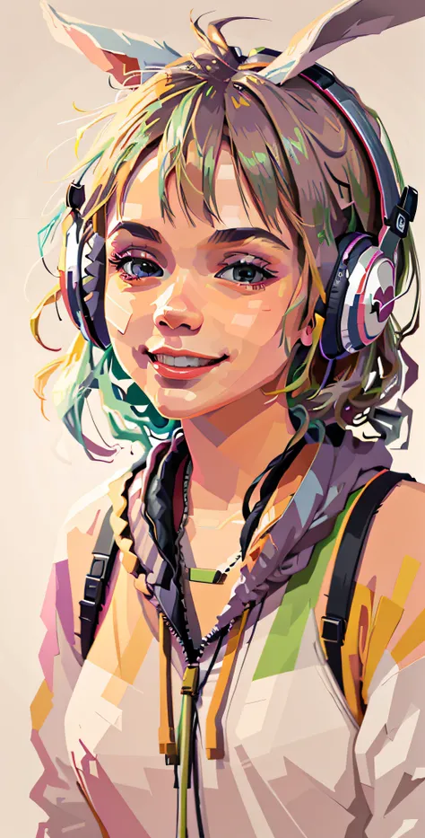 colourfull: Vector of a happy rabbit, Wearing headphones, Detail Design,Staring straight ahead, colourfull, contour, White background