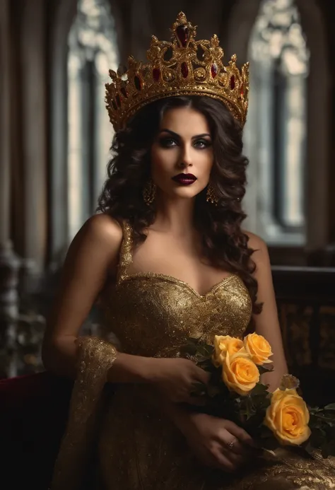 hiper-realismo, goth woman, como uma pomba gira, 37 anos, monera, cabelos pretos, Wearing a queens crown on her head, sem asas, com (((vestido longo dourado))), rosto fechado, Face da Brava, holding 7 red roses in your hands, com fundo escuro, com a luz da...