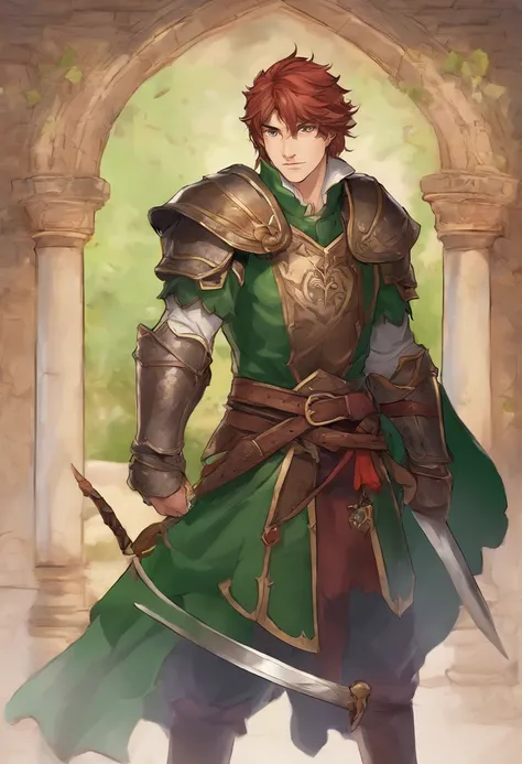 a 20 -year-old man, 1 boy, brown short hair, short hair parted in the middle, bright green eyes, without a beard, without a goatee, no facial hair, silver and red medieval knight armor, red clothes, highly detailed, A high resolution， Sharp focus, ultra de...