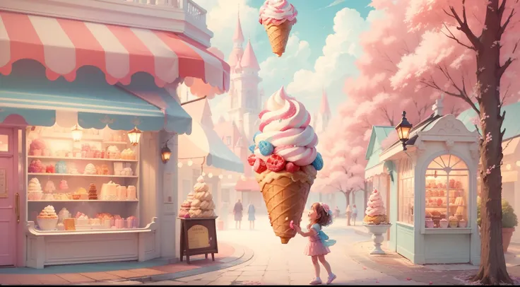 （Huge ice cream）,illustration,Realistic Shading,Extraordinary details,Pastel colors,magical lighting,Fine texture,Pink fluffy clouds,Sparkling sprinklers,Delicate cones,Whimsical atmosphere,Joyful emotions,Dreamy background,Happy child,Delicious dessert,So...