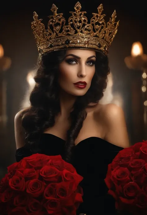 hiper-realismo, goth woman, 37 anos, monera, cabelos pretos, Wearing a queens crown on her head, com (((vestido longo preto e dourado))), rosto fechado, holding 7 red roses in your hands, com fundo escuro, com a luz da lua iluminando, foto de corpo todo, l...