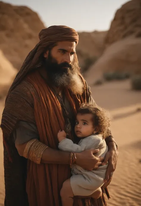 Man with long beard and white beard standing in desert area, Lead the clan, Israelenses vestidos em 36864K filmes, next to an Israeli woman holding a newborn boy in her arms, both of them with advanced age, peles claras, Ainda do filme live action, cenas d...