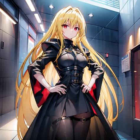 yami the golden darkness wearing gloss black battle dress with silver accents, hands on hips, staring at another person, messy l...