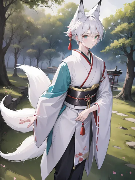 1boy, short white hair, teal eyes, fox ears, three fox tails, white fur, wearing traditional Japanese clothes, forest, absurdres, high res, ultrasharp, 8K, masterpiece, looking at viewer