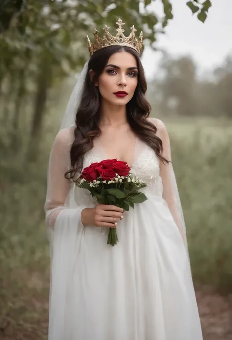 hiper-realismo, goth woman, 37 anos, morena, cabelos pretos, small queens crown on her head, com (((vestido longo de rainha branco e dourado))), rosto fechado, holding 7 red roses in your hands, com fundo escuro, com a luz da lua iluminando, foto de corpo ...