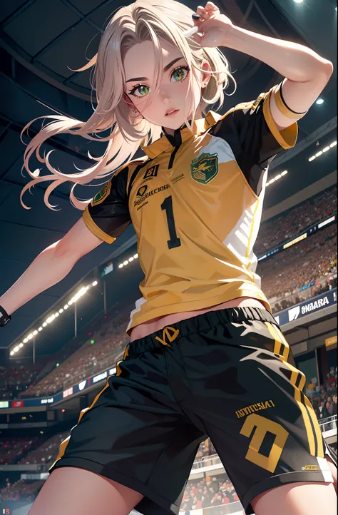 Astolfo em uniforme de futebol,melhor qualidade,4k,8k,alto,master part:1.2,ultra-detalhado,Realistic:1.37,fotorrealista:1.37, HDR,UHD,exuberante campo de grama verde,Stadium lighting,Sombras negras,bola de futebol laranja e branca,gotas de suor cintilantes...