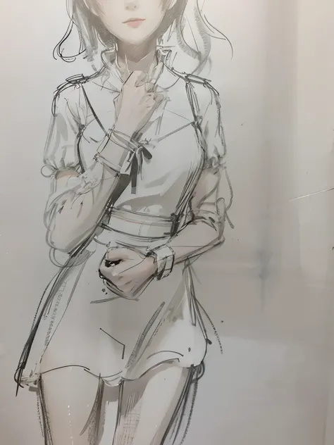 Drawing of a woman in a short dress, loose pencil sketch, matte sketch, put hands on the hip, Rough sketch, detailed but rough, thick outline, Prompt: Diagram of a fragile appearance, line-drawing, thick outlines, a girl is standing, Standing Pose, girl sk...