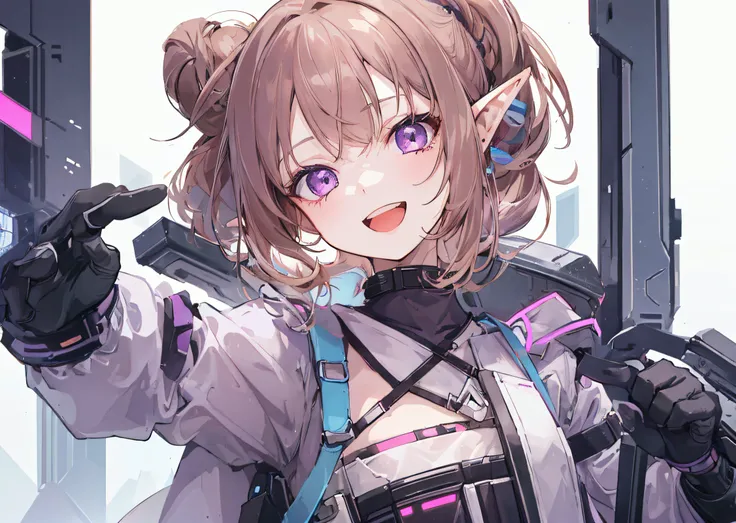 1 girl, pastel colours, brown-hair, violet eyes, hair up to the shoulders, elf ears, Cyberpunk clothes, Happy smile with open mouth, little chest, small girl