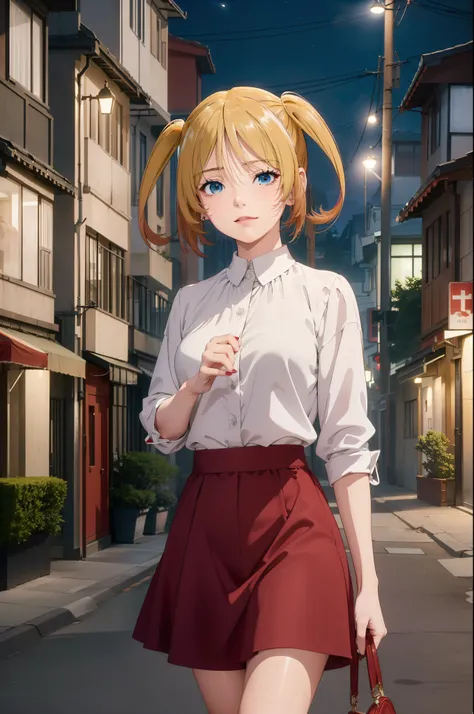 ((masterpiece, high quality, best quality, highres,))
 outdoors, street, night, 
looking at viewer, 
mia, white shirt, red skirt,