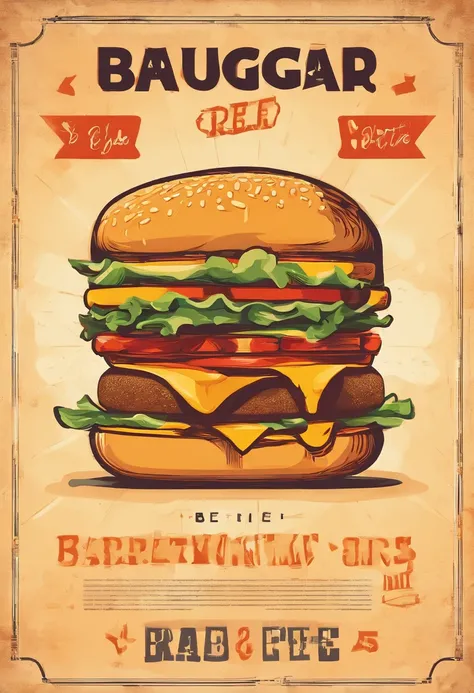 A poster of a burger and fries, with the burger in the middle of the frame taking up a third of the image and the fries on the side. The poster shows retro colors. Flat vector illustration