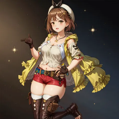 liza, 1girl in, solo, shorts, gloves, belt bag, hat, head ribbon, jewelry, red shorts, brown hair, thighs thighs thighs thighs, ...