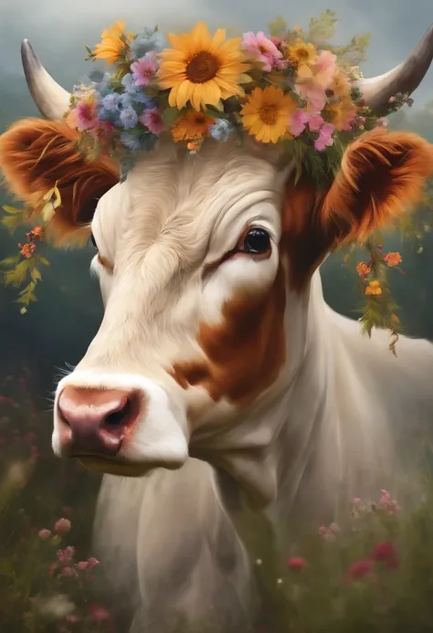 There is a painting of a cow with a flower crown on its head, taur, flower child, made of wildflowers, , corolla, cow, animal portrait, flower head,  Floral headdress,，high quality digital painting